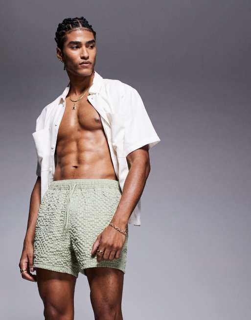 ASOS DESIGN seersucker swim shorts in short length in green, 4 of 4
