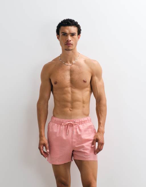 ASOS DESIGN seersucker swim shorts in short length in pink, 2 of 7