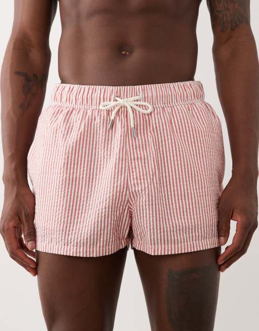 ASOS DESIGN seersucker swim shorts in super short length in red stripe, 4 of 5