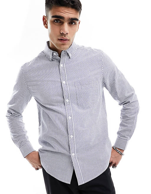 ASOS DESIGN seersucker textured smart shirt in blue stripe | ASOS