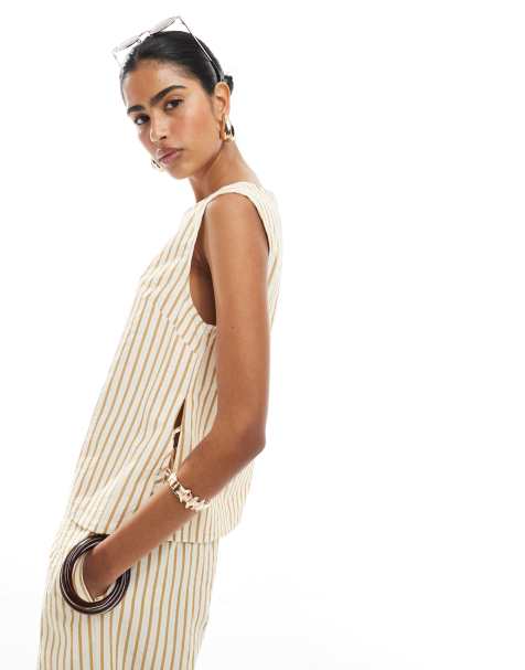 ASOS DESIGN seersucker tie side shell top co-ord in brown stripe
