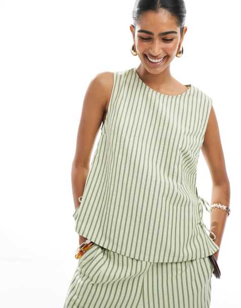 ASOS DESIGN seersucker tie side shell top in khaki stripe (part of a set) - view 1