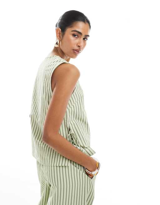 ASOS DESIGN seersucker tie side shell top in khaki stripe (part of a set), 4 of 4
