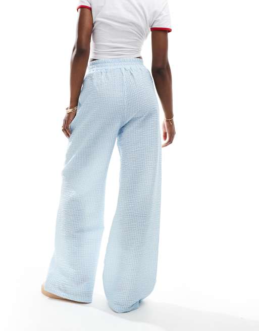 ASOS DESIGN seersucker tie waist wide leg pants in blue & white stripe, 3 of 5