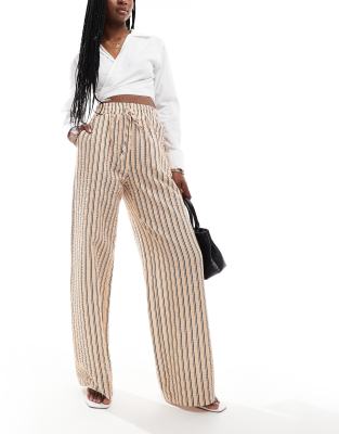 Asos Design Seersucker Tie Waist Wide Leg Pants In Natural Stripe-multi