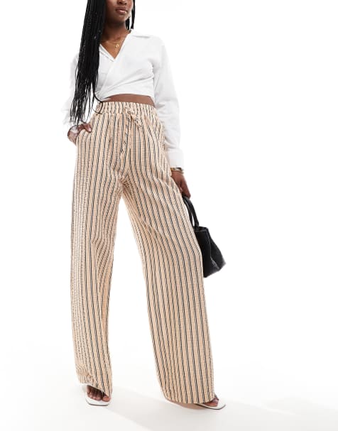 ASOS DESIGN seersucker tie waist wide leg trouser in natural stripe - view 1