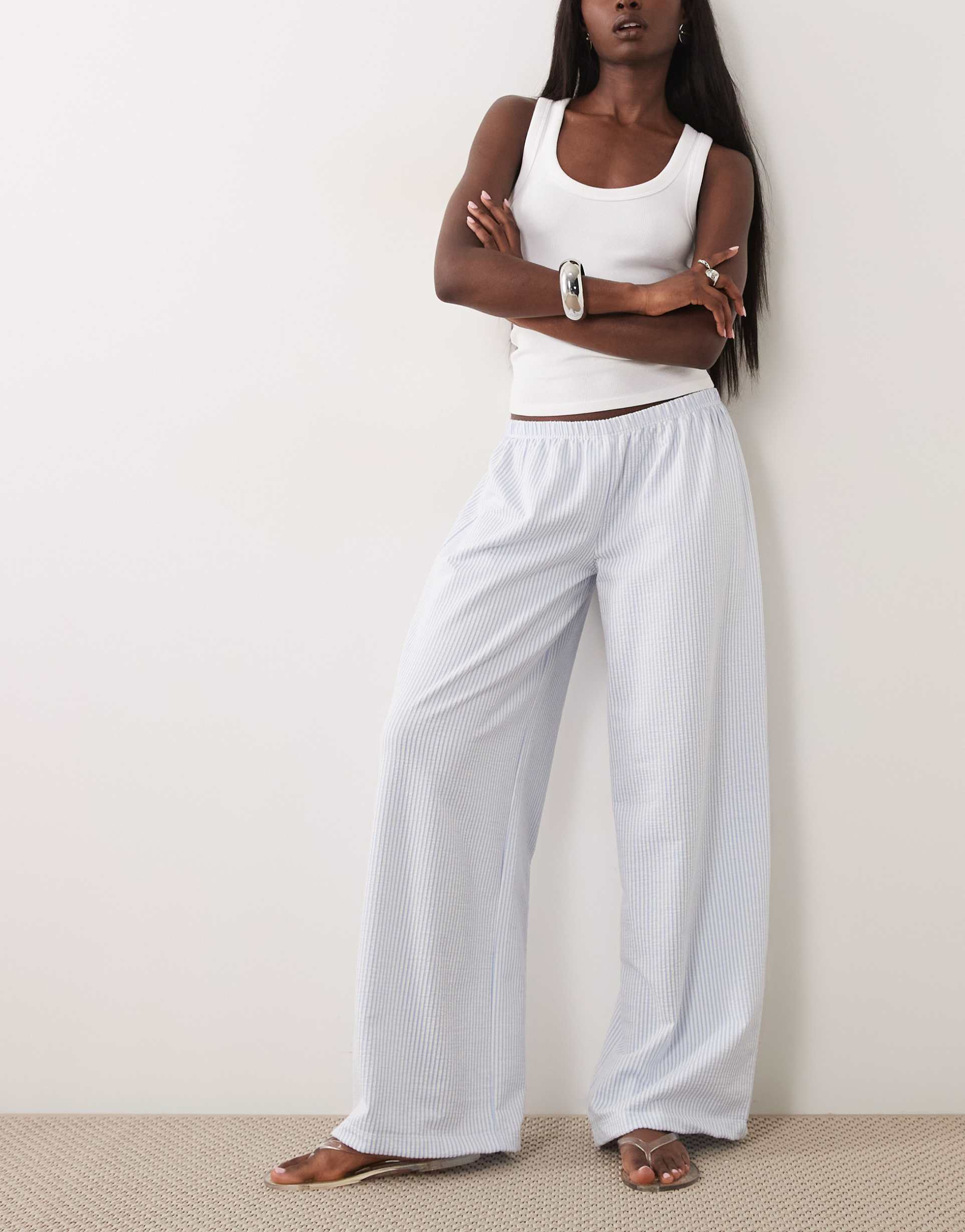 asos design seersucker wide leg drawstring pants in striped print - part of a set
