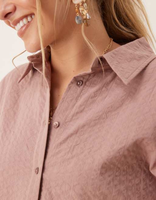 ASOS DESIGN seersucker wrap back shirt in mink stripes - part of a set