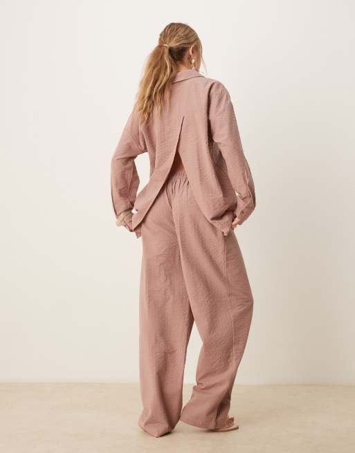 ASOS DESIGN seersucker wrap back shirt in mink stripes - part of a set