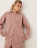 [ASOS DESIGN] ASOS DESIGN seersucker wrap back stripe shirt in mink (part of a set)-Neutral XS Mink