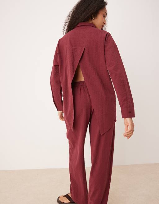 ASOS DESIGN seersucker wrap back striped shirt in burgundy - part of a set
