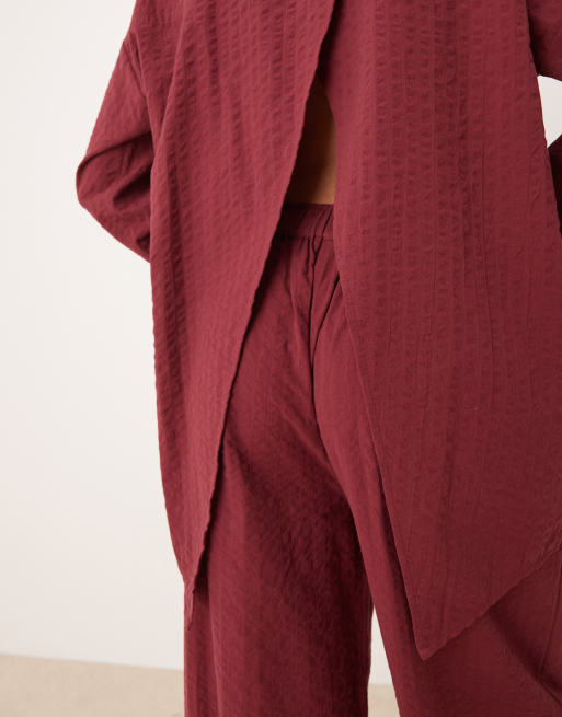 ASOS DESIGN seersucker wrap back striped shirt in burgundy - part of a set
