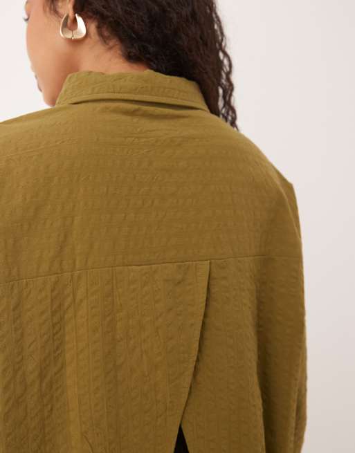 ASOS DESIGN seersucker wrap back striped shirt in olive - part of a set
