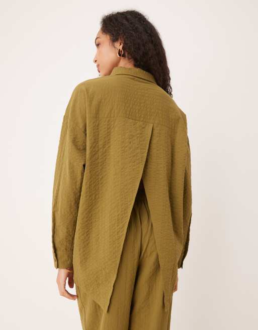 ASOS DESIGN seersucker wrap back striped shirt in olive - part of a set