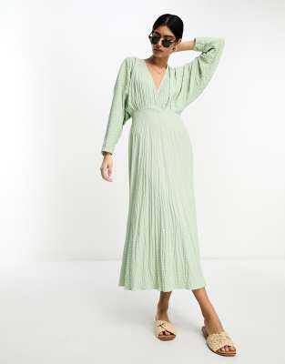 Asos Design Seersucker Wrap Front Batwing Midaxi Dress In Sage Green