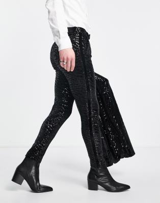asos design -  – Sehr enge, mit Pailletten besetzte Anzughose aus Samt-Schwarz