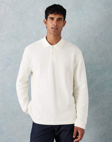 ASOS DESIGN – Sehr schweres, langärmliges Relaxed-Fit-Polohemd aus Pikee in Cremeweiß - view 1