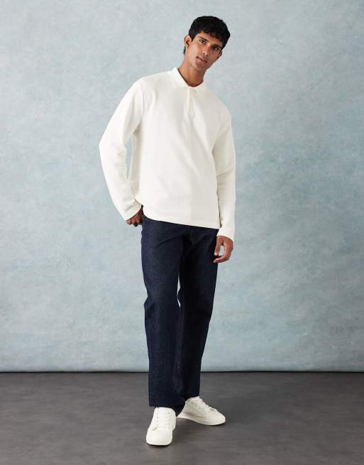 ASOS DESIGN – Sehr schweres, langärmliges Relaxed-Fit-Polohemd aus Pikee in Cremeweiß, 2 von 5