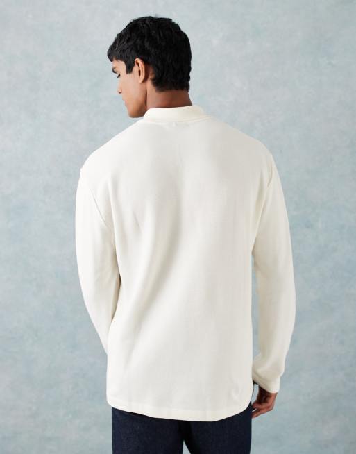 ASOS DESIGN – Sehr schweres, langärmliges Relaxed-Fit-Polohemd aus Pikee in Cremeweiß, 3 von 5