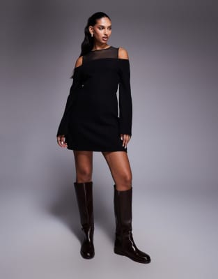 ASOS DESIGN - Sehr weiches, doppellagiges Minikleid aus Netzstoff in Schwarz mit Carmen-Ausschnitt