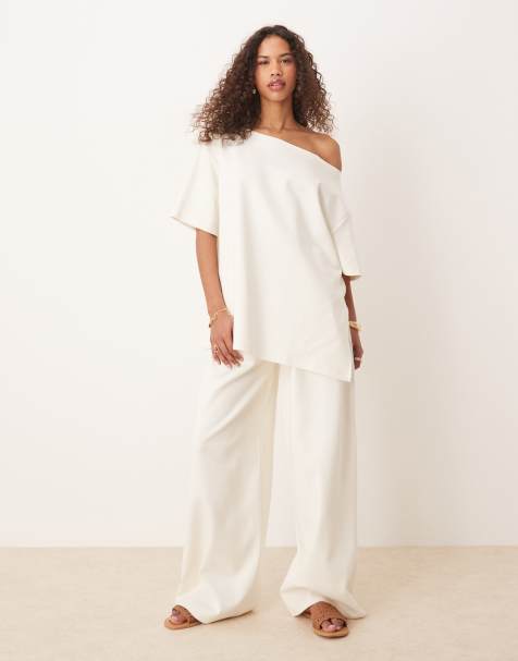 ASOS DESIGN – Sehr weit geschnittene Hose in Kokosmilchweiß aus Interlock-Stoff, Kombiteil - view 1
