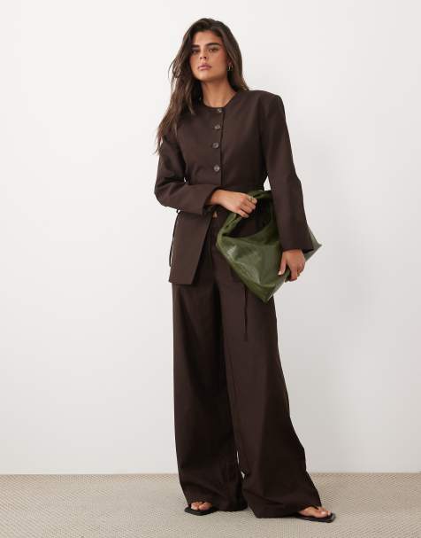 ASOS DESIGN – Seitlich gebundener Blazer aus Leinen in Schokobraun, Kombiteil - view 1