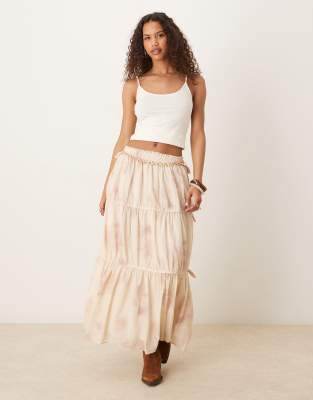 ASOS DESIGN - Seitlich gebundener, gestufter Boho-Maxirock mit Blumenprint-Bunt