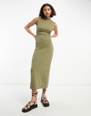 ASOS DESIGN - Seitlich gerafftes Midikleid in Khaki mit Stehkragen-Grün