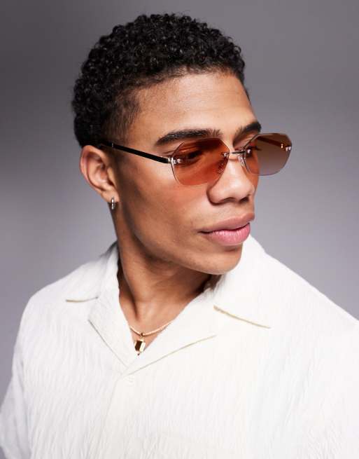 ASOS DESIGN - Sekskantede uindfattede solbriller med guldfarvet stel og glas med ombré-effekt i brun-til-lyserød