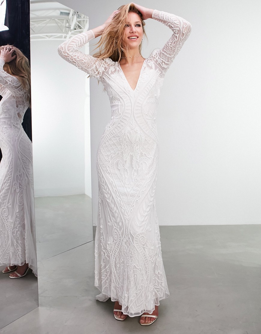 ASOS DESIGN Selena embellished placement wedding dress -White