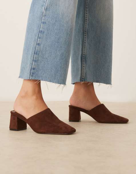 ASOS DESIGN Selena mid heel mule in chocolate suedette - view 1
