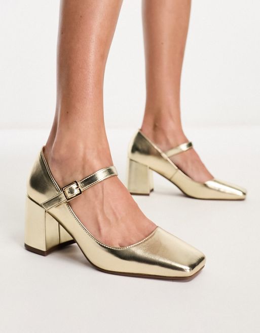 FhyzicsShops DESIGN - Selene - Guldfarvede Mary Jane-sko med mellemhøj blokhæl