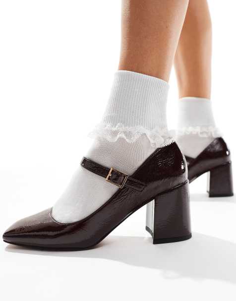 ASOS DESIGN Selene mary jane mid block heeled shoes in burgundy - view 1