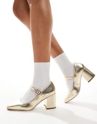 ASOS DESIGN - Selene - Mary-Jane-Schuhe in Gold mit mittelhohem Blockabsatz-Goldfarben