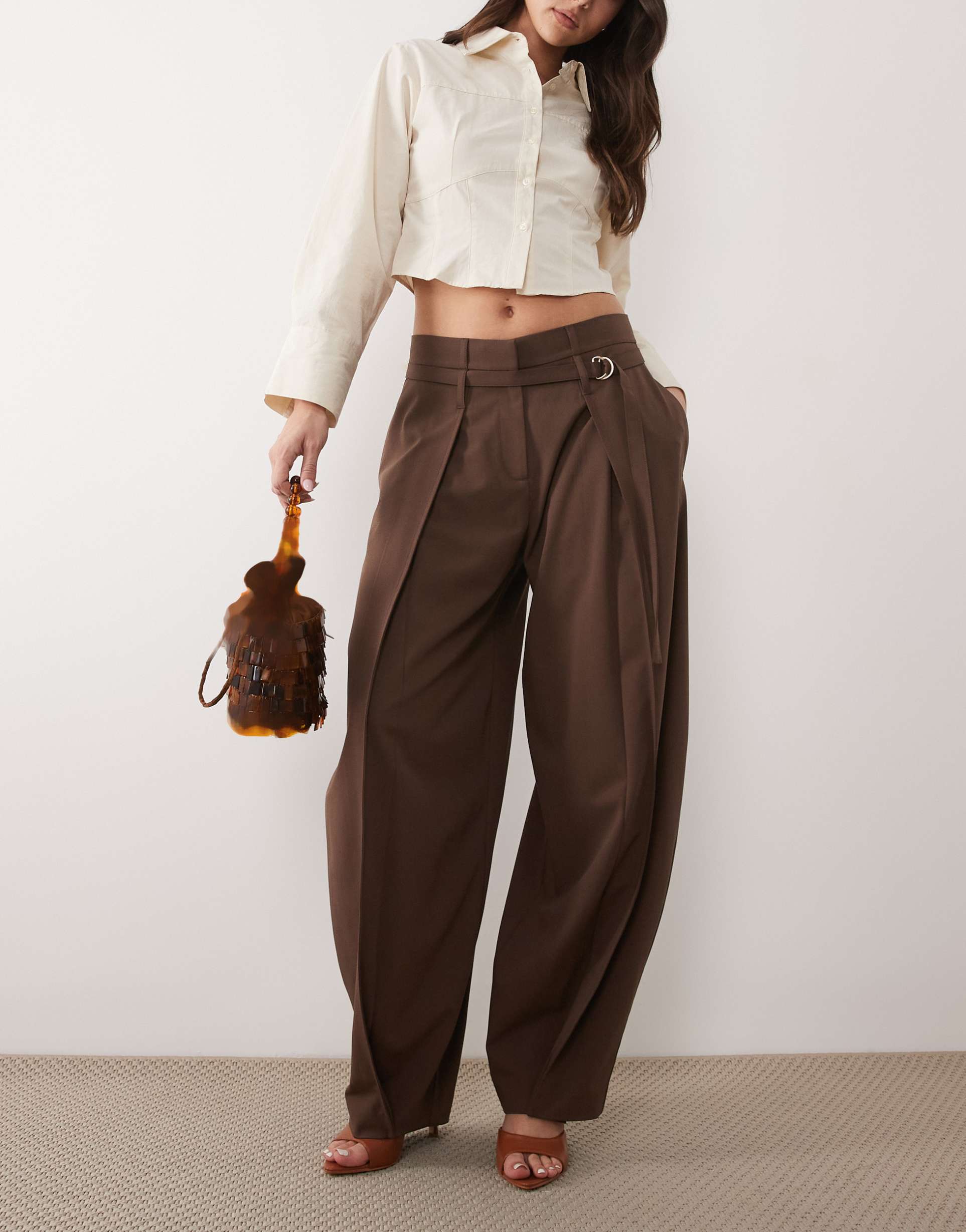 asos design self belt high rise barrel pants in mocha