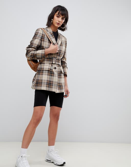 Belted check sale blazer