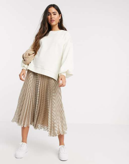 ASOS DESIGN pleated skirt in mid length in beige