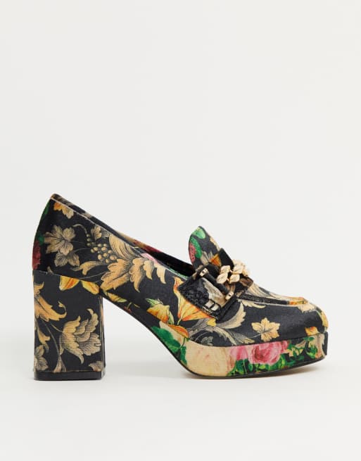 asos design storm chunky mid heeled loafers in black patent