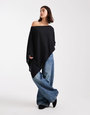 Ferand Dames poncho met open voorkant en zakken, zachte gebreide cape met franjes voor herfst en winter, Donkerblauw, One size