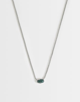 Asos Design Semi-precious Moss Agate Stone And Chain Necklace In Green