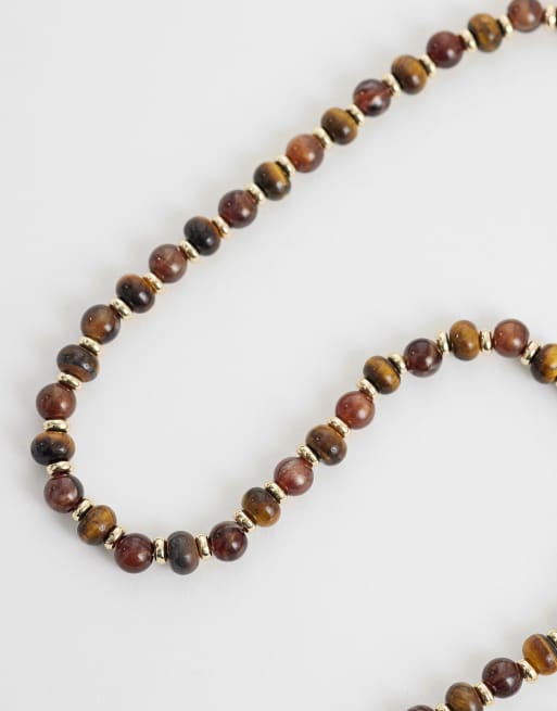 ASOS DESIGN semi-precious tigers eye beaded necklace in brown, 3 of 4