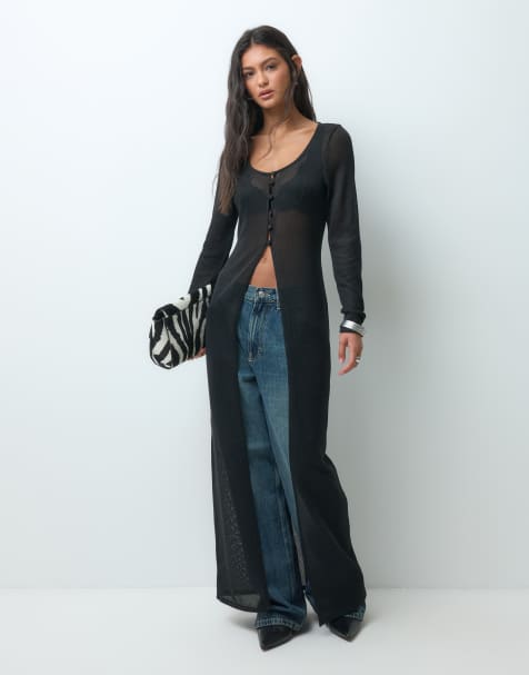 ASOS DESIGN semi sheer button up longline cardigan in black - view 1