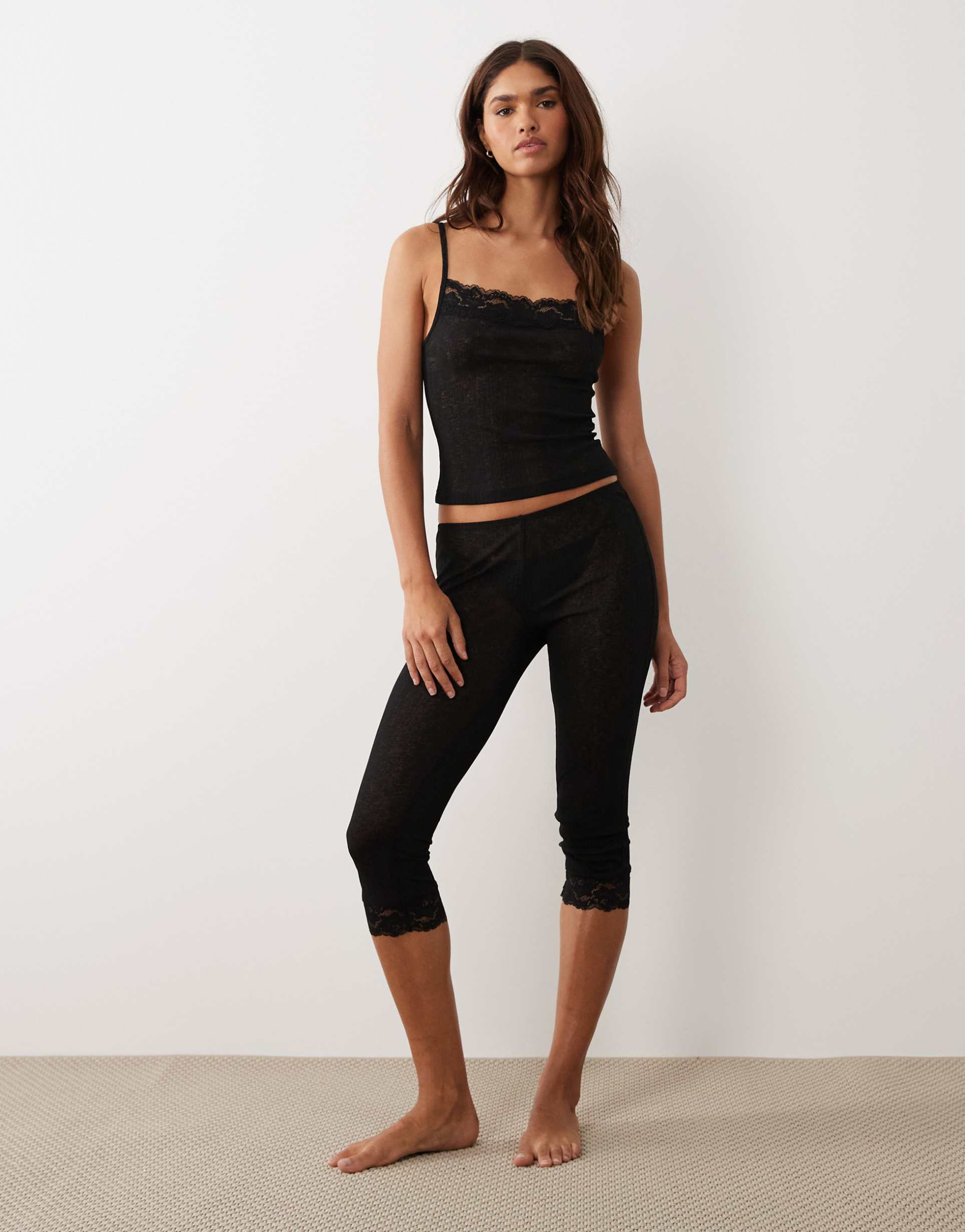 asos design semi sheer capri pajama pants with lace trim in black