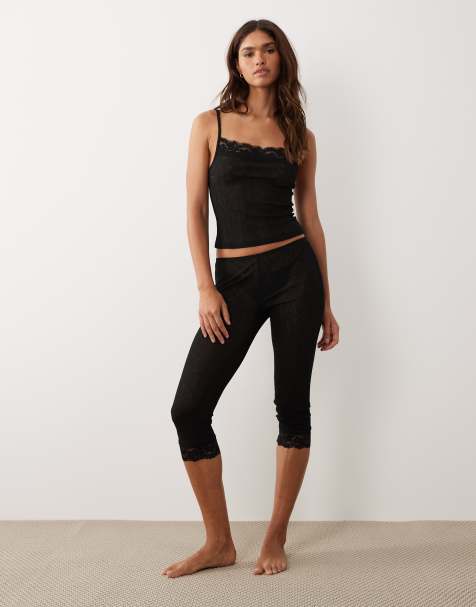 ASOS DESIGN semi sheer capri pyjama pants with lace trim in black - view 1
