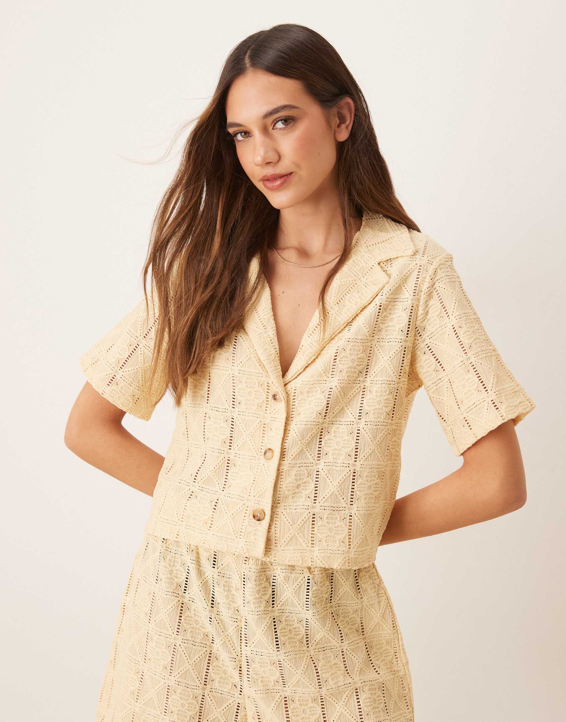 asos design semi sheer crochet relaxed fit shirt in buttermilk - part of a set