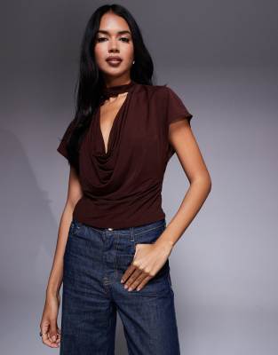 Asos Design Semi Sheer Deep Cowl Neck Top In Brown