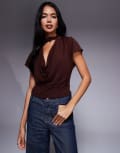 [ASOS DESIGN] ASOS DESIGN semi sheer deep cowl neck top in chocolate-Brown S Brown
