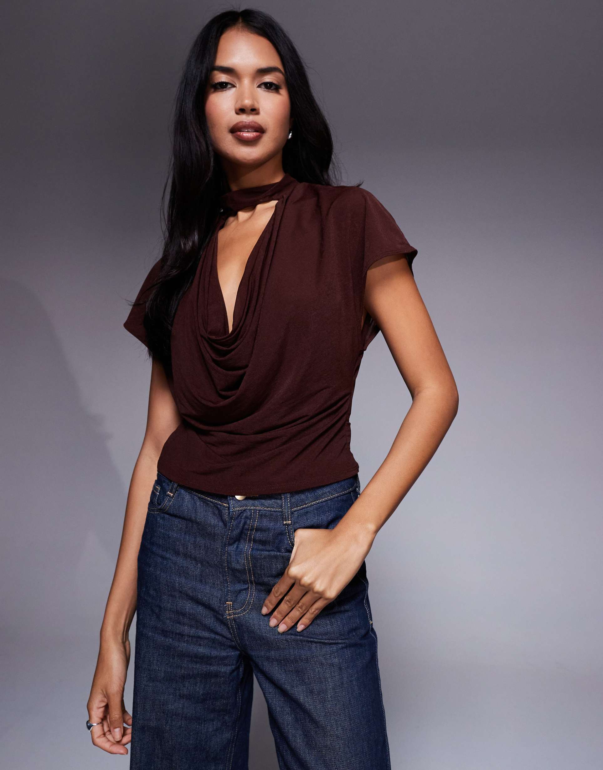 asos design semi sheer deep cowl neck top in chocolate