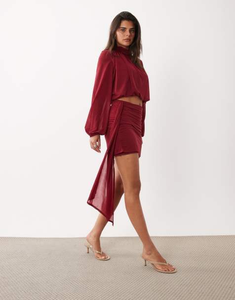 ASOS DESIGN semi sheer drape detail mini skirt in wine - view 1