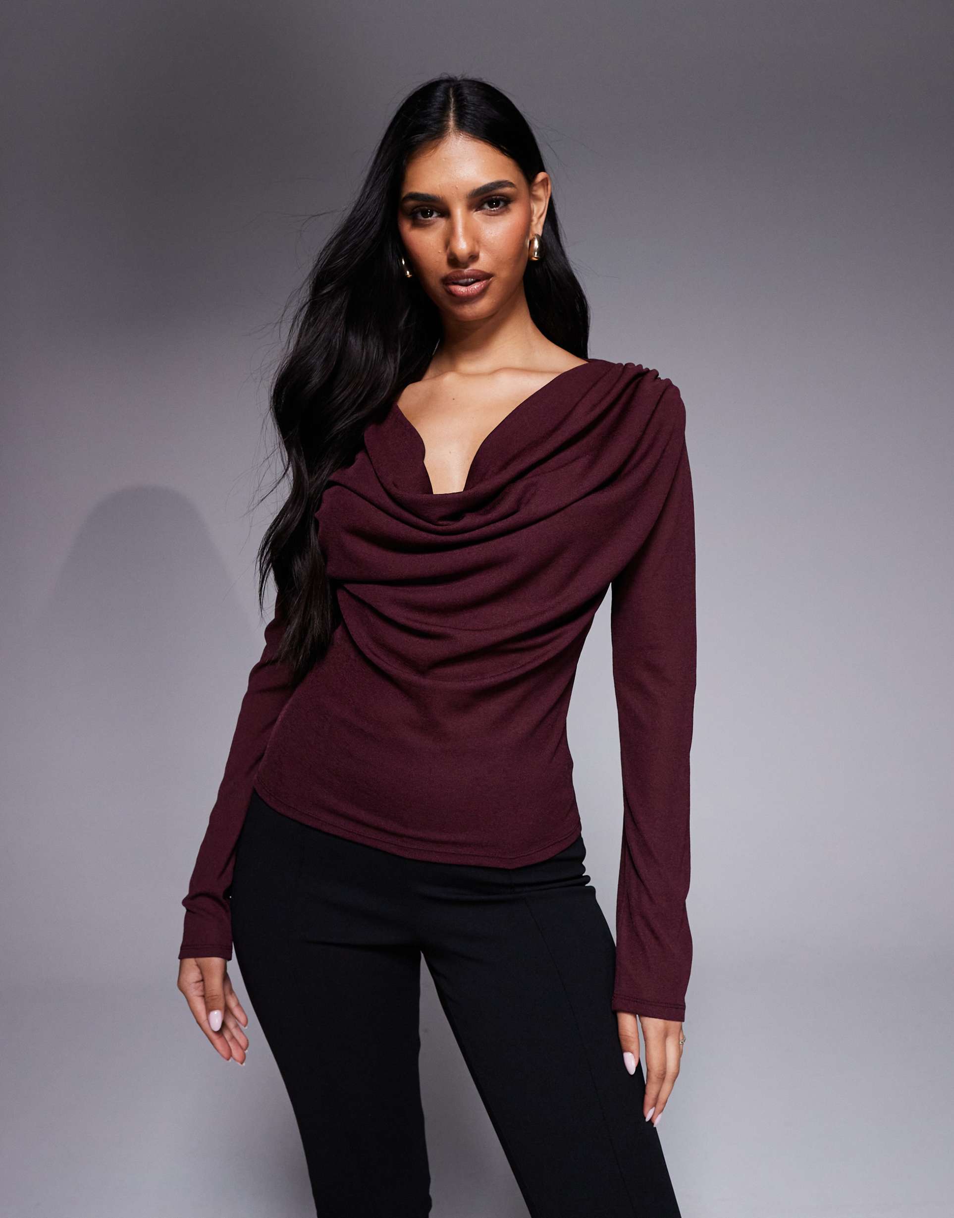 asos design semi sheer draped neck long sleeve top in wine